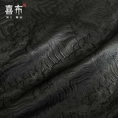 黑色海浪纹织锦缎布料祥瑞提花