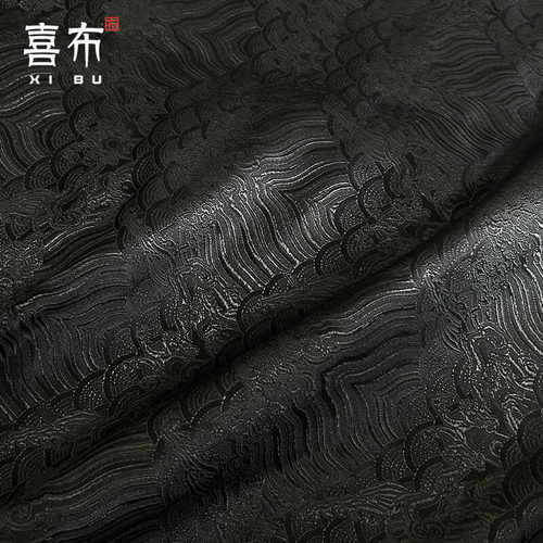 黑色海浪纹织锦缎布料祥瑞提花