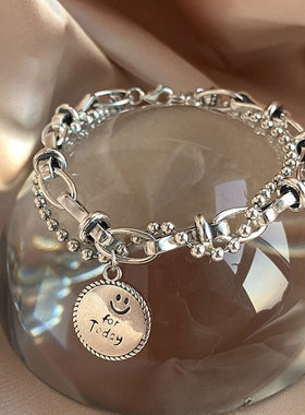 高级感复古泰银笑脸手链女ins小众轻奢双层圆珠手饰气质配饰批发