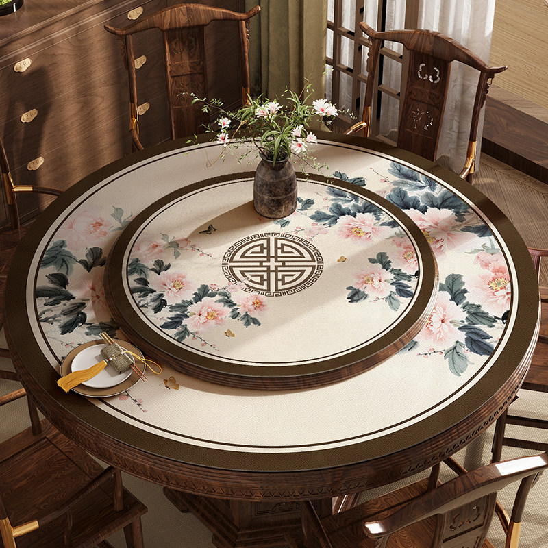 新中式圆桌桌布免洗防水防油家用皮革圆桌垫圆形餐桌垫双层带转盘,居家布艺,桌布,淘宝优惠券,粉丝福利购,淘宝优惠卷