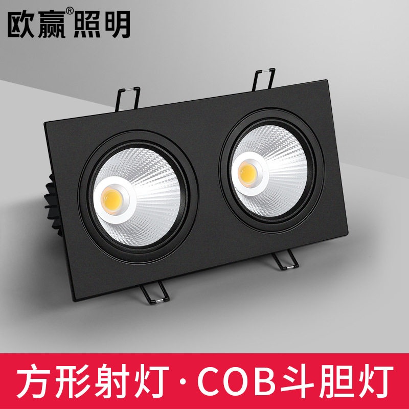 黑色双头射灯led可调角度天花灯嵌入式格栅吊顶COB斗胆灯长方形