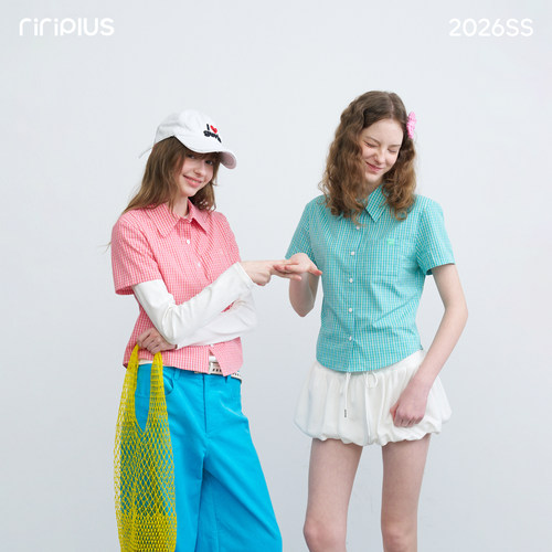 riverstone plus 少女风短款格纹贴布衬衫女修身小众休闲百搭短袖