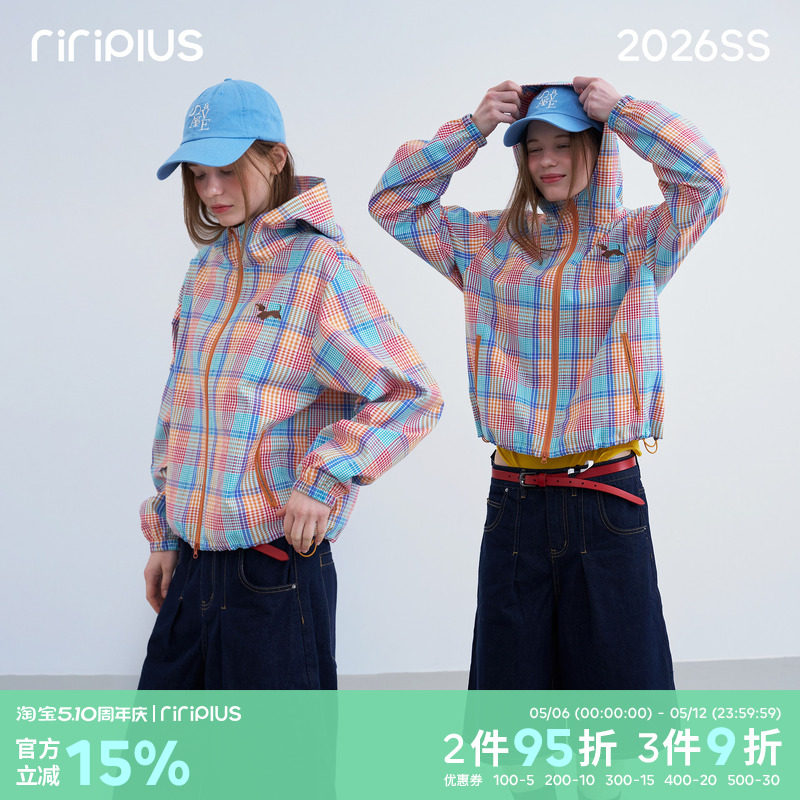 riverstone plus 格纹腊肠狗刺绣连帽防风衣女撞色休闲夹克外套