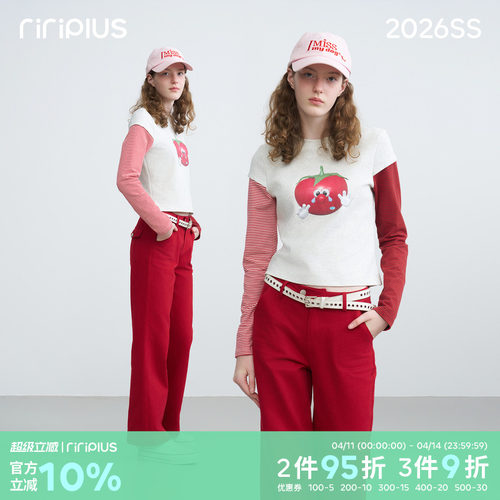 riverstone plus 哭哭番茄印花假两件条纹长袖T恤女修身显瘦打底