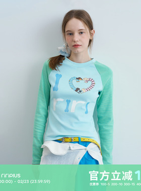 riverstone plus 可爱腊肠狗狗条纹修身长袖T恤女撞色打底衫上衣