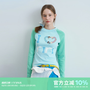 riverstone plus 可爱腊肠狗狗条纹修身长袖T恤女撞色打底衫上衣