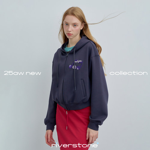 riverstone plus 音符刺绣短款连帽开衫卫衣秋季宽松拉链外套女