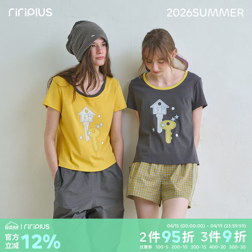 riverstone plus U领趣味插画印花短袖T恤女甜美休闲百搭打底衫