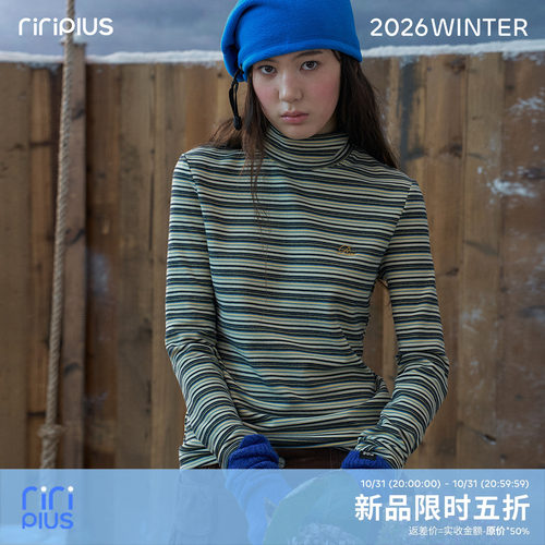 riverstone plus『10/31 20点 新品上新』复古条纹高领修身T恤女