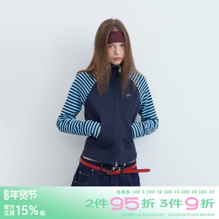 riverstone plus 条纹拼接刺绣连帽修身卫衣女休闲短款开衫外套