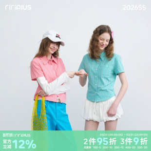 riverstone plus 少女风短款格纹贴布衬衫女修身小众休闲百搭短袖