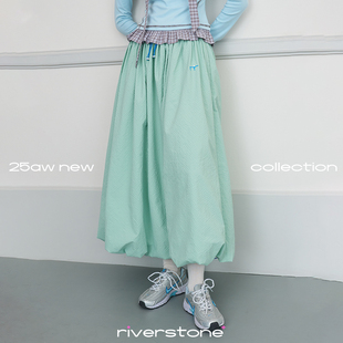 riverstone plus 格纹松紧花苞半身裙春季显瘦蓬蓬刺绣小标中长裙