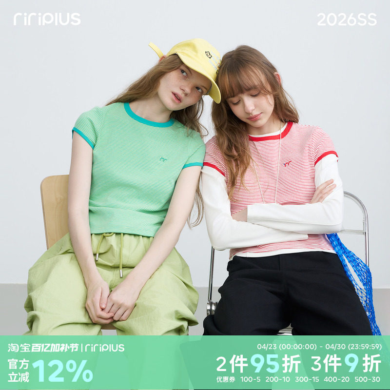 riverstone plus多巴胺色系撞色条纹刺绣短袖T恤女修身百搭打底衫