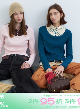 riverstone plus波点撞色假两件衬衫领长袖T恤女修身显瘦条纹上衣