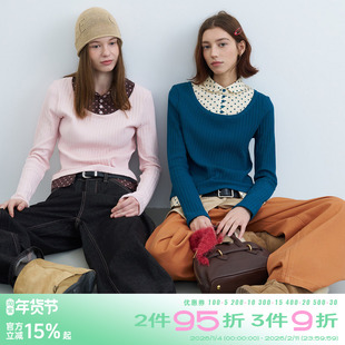 riverstone plus波点撞色假两件衬衫领长袖T恤女修身显瘦条纹上衣