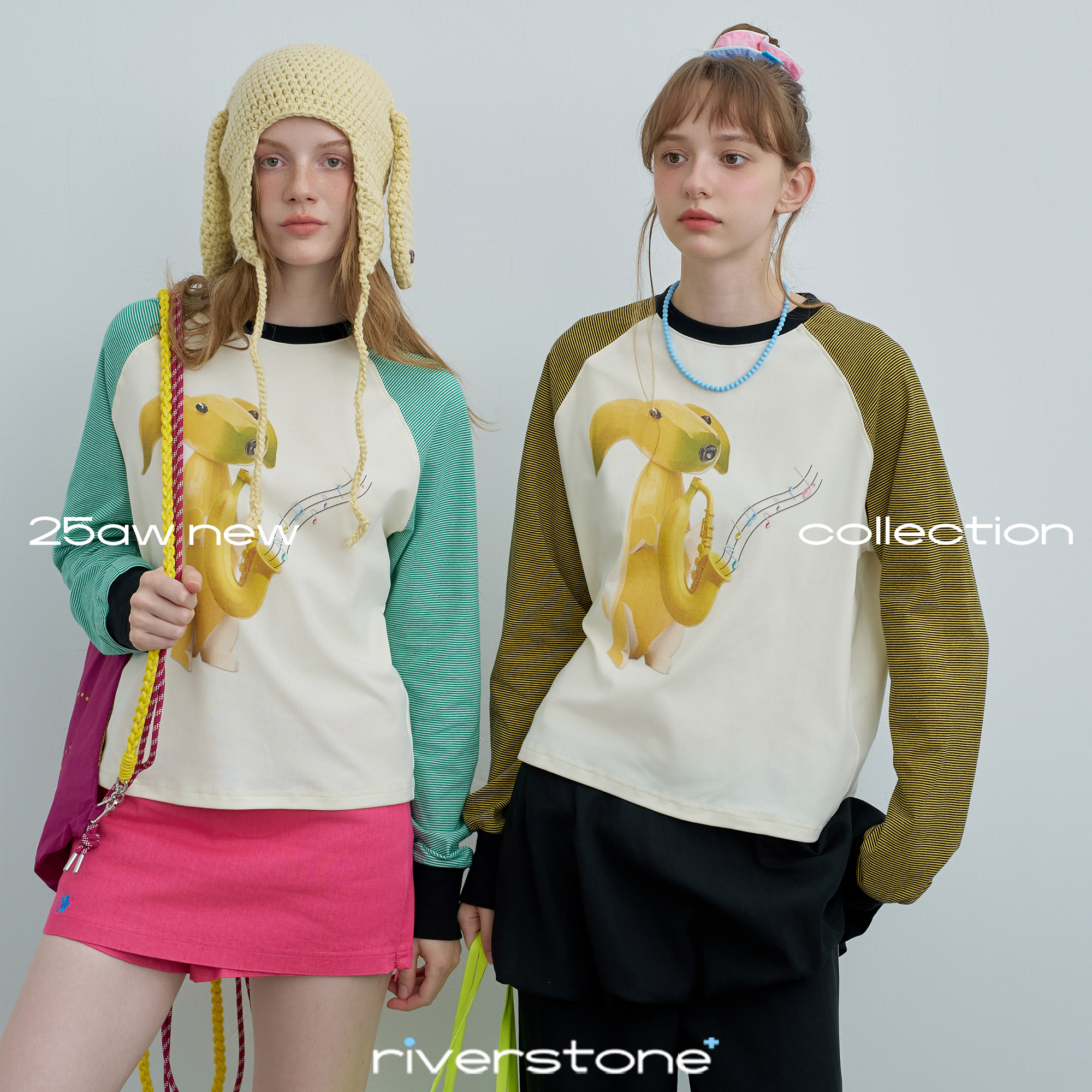 riverstone plus 香蕉狗印花圆领撞色长袖T恤女秋季条纹宽松上衣