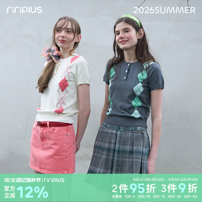 riverstone plus 菱格纹学院风针织短袖T恤女羊毛混纺针织打底衫