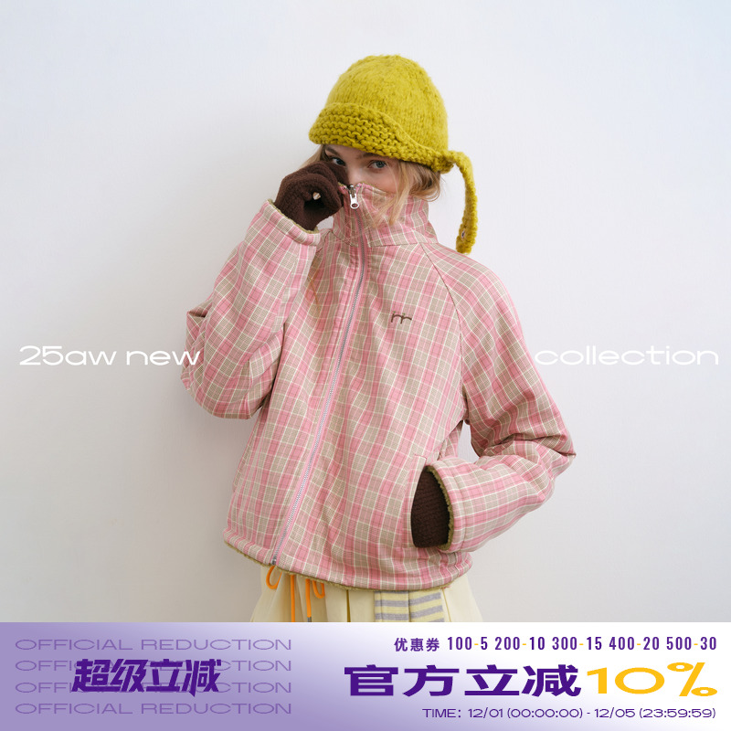 riverstone plus 双面穿摇粒绒格纹保暖立领外套女冬季加厚夹克