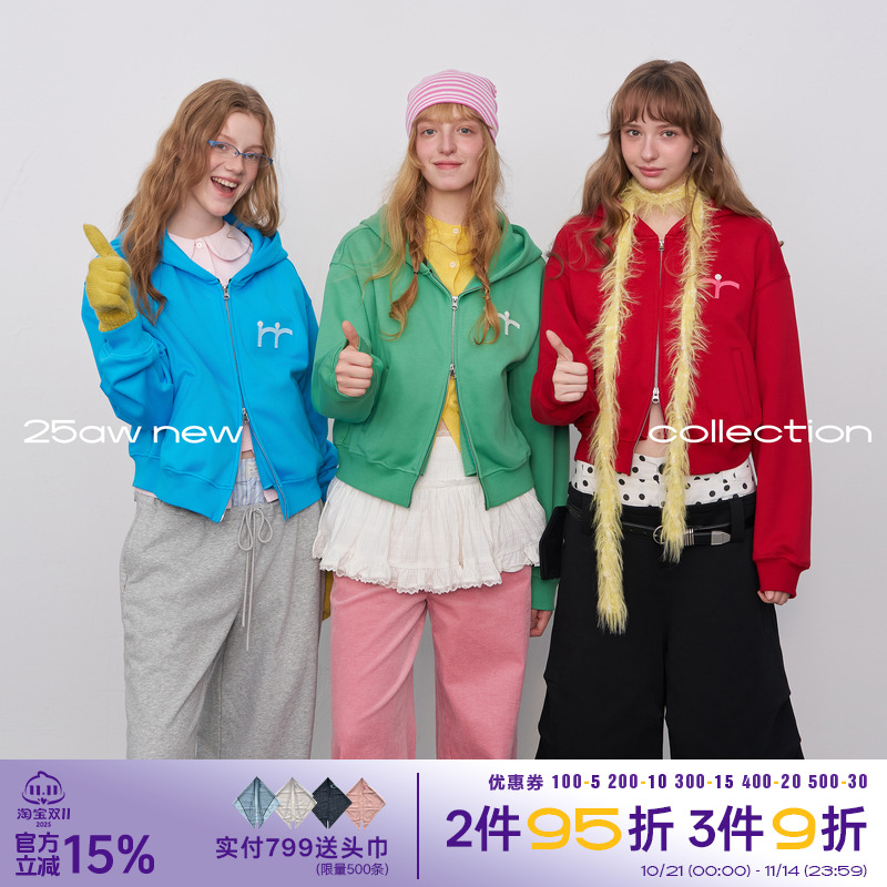 riverstone plus 刺绣纯色连帽卫衣女冬季宽松慵懒双拉链贴布外套