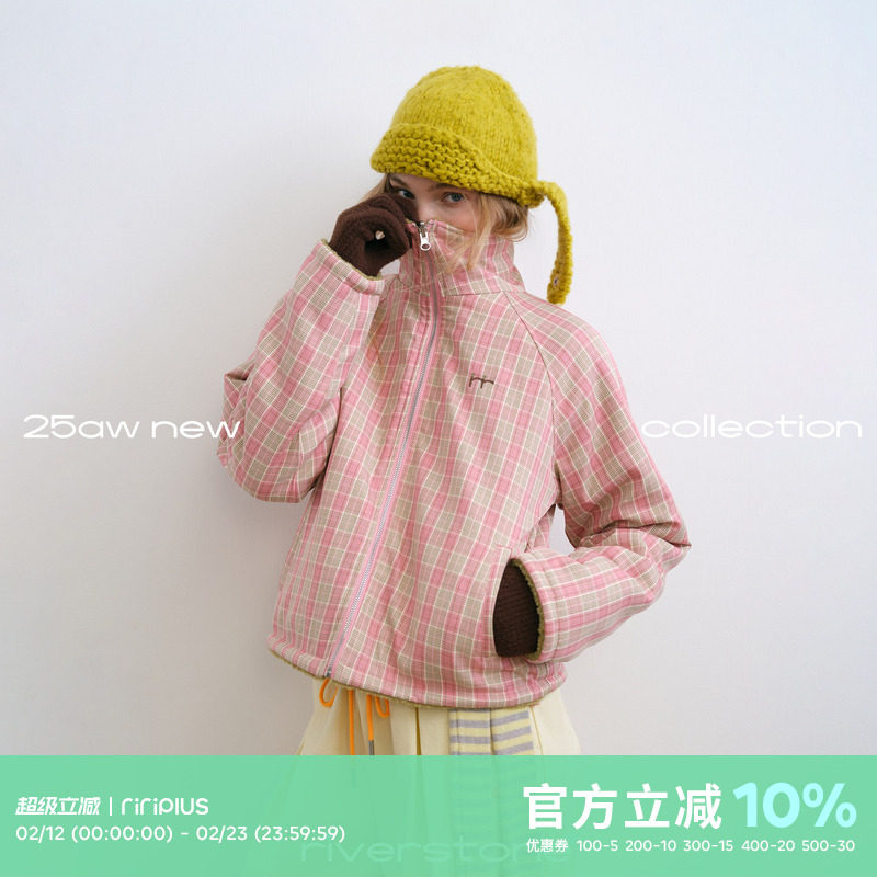 riverstone plus 双面穿摇粒绒格纹保暖立领外套女冬季加厚夹克