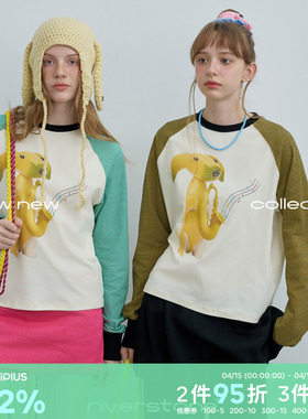 riverstone plus 香蕉狗印花圆领撞色长袖T恤女春季条纹宽松上衣