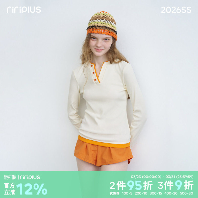 riverstone plus 多巴胺色系V领修身长袖T恤女百搭修身简约打底衫