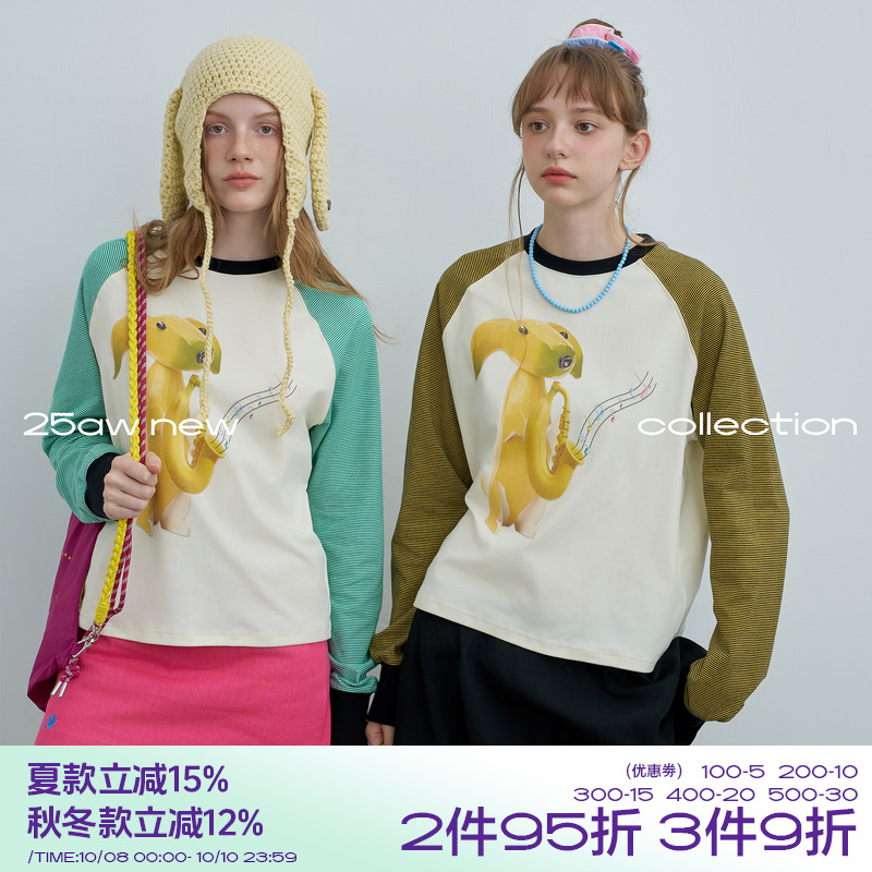 riverstone plus 香蕉狗印花圆领撞色长袖T恤女秋季条纹宽松上衣
