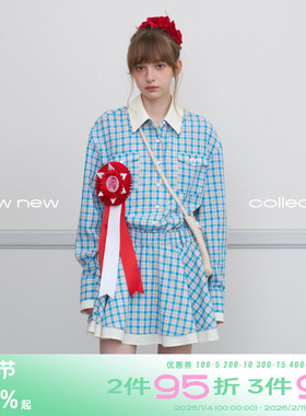 riverstone plus 韩系蓝色格纹连衣裙秋季甜美减龄少女通勤长裙