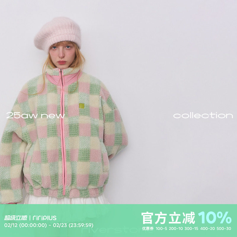 riverstone plus 格纹立领仿羊羔毛夹克女冬季加厚保暖毛绒外套