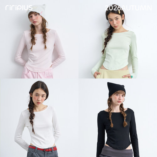 riverstone plus 竖坑条船领基础款t恤女秋新款收腰显瘦长袖上衣