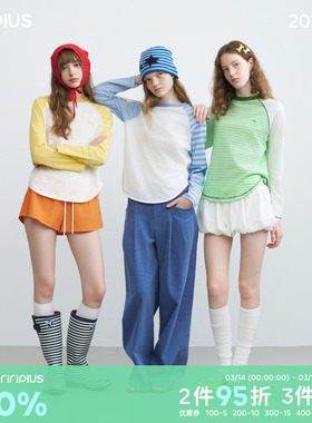 riverstone plus 条纹撞色插肩夏季薄款清爽长袖修身T恤女