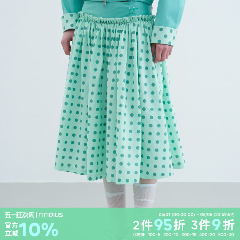 riverstone plus 假两件花边褶皱波点蓬蓬中长裙女甜美半身A字裙