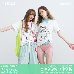 riverstone plus 涂鸦斑点狗猫插画印花短袖T恤女圆领百搭打底衫