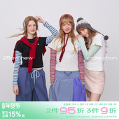 plus假两件圆领德绒长袖 T恤女冬季 修身 riverstone 撞色条纹打底衫