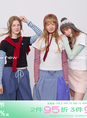 riverstone plus假两件圆领德绒长袖T恤女冬季修身撞色条纹打底衫