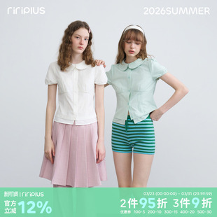 riverstone plus 娃娃领泡泡袖衬衫短袖女夏季修身甜美纯色上衣