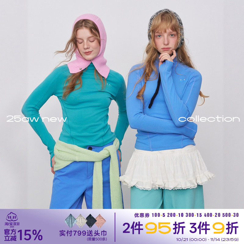 riverstone plus 高领纯色长袖T恤女冬季加厚修身刺绣打底衫上衣