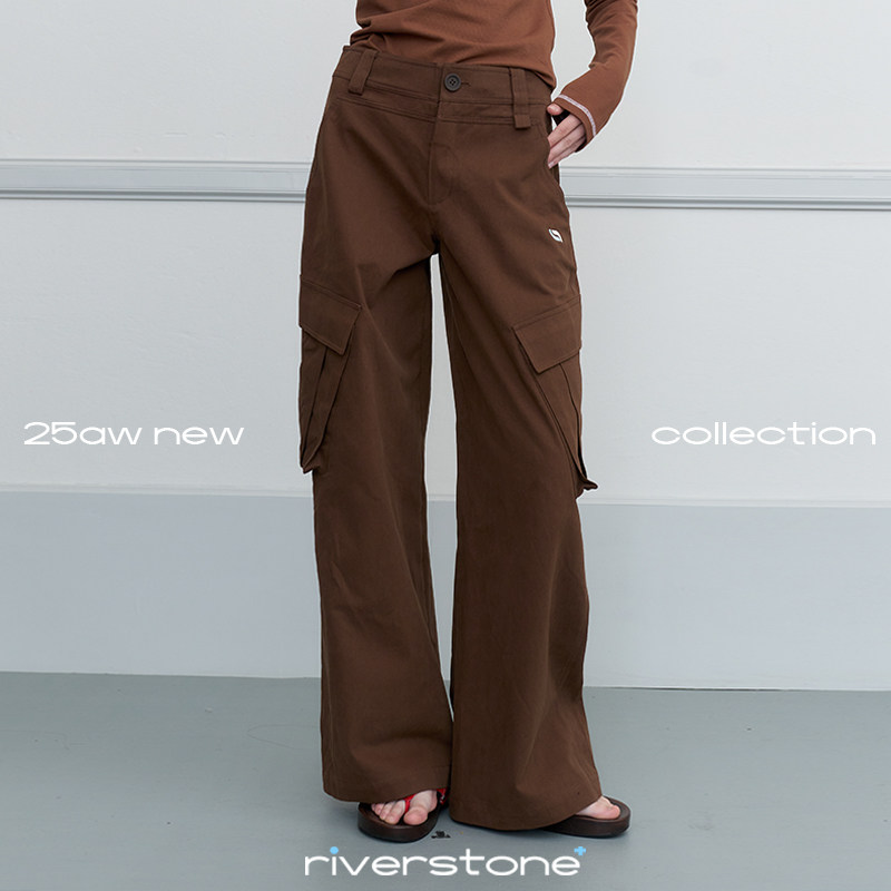 riverstone plus 多口袋刺绣微喇工装裤女春季宽松长裤显瘦伞兵裤