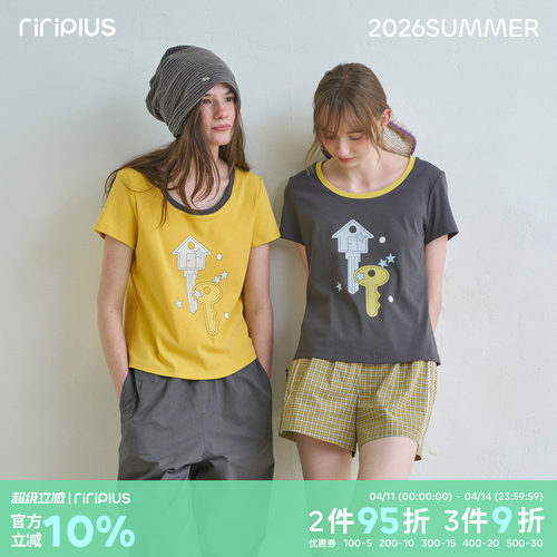 riverstone plus U领趣味插画印花短袖T恤女甜美休闲百搭打底衫