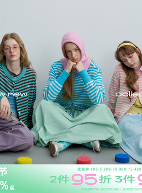 riverstone plus  撞色条纹圆领纽扣毛衣女秋季开衫显瘦百搭上衣