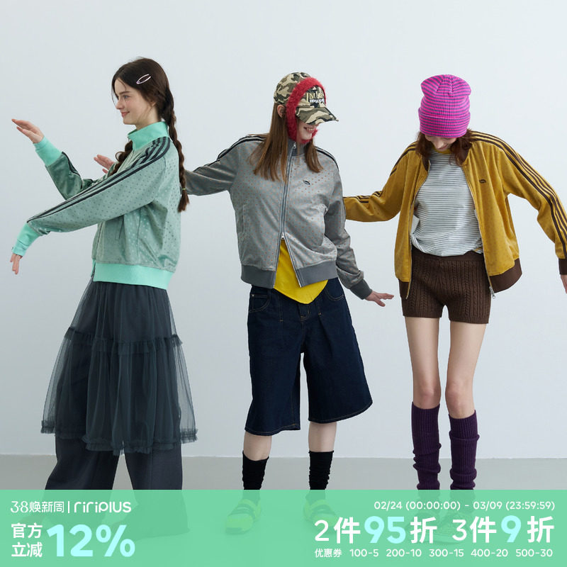 riverstone plus 美式复古波点立领拉链卫衣外套女春季修身上衣