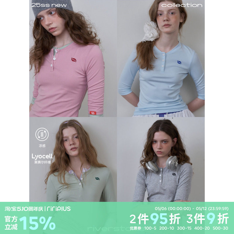 riverstone plus五分袖天丝圆领上衣女春季正肩修身长袖T恤女