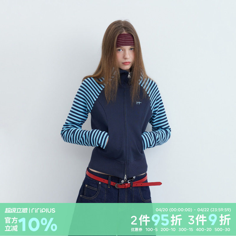 riverstone plus 条纹拼接刺绣连帽修身卫衣女休闲短款开衫外套