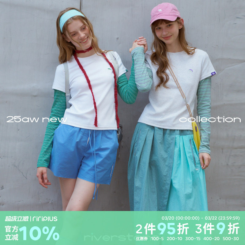 riverstone plus 假两件修身圆领长袖t恤女春季正肩打底衫上衣