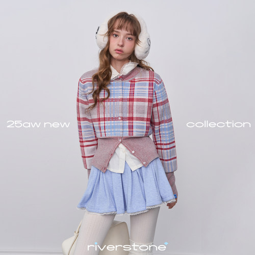 riverstone plus 复古格纹毛衣女冬季短款圆领收腰针织开衫上衣