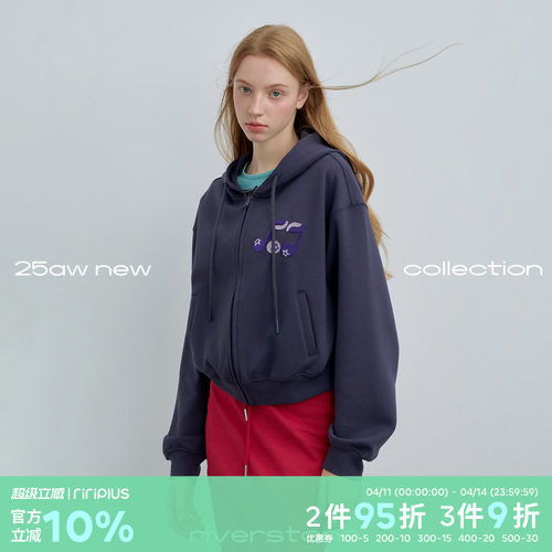 riverstone plus 音符刺绣短款连帽开衫卫衣春季宽松拉链外套女