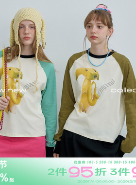 riverstone plus 香蕉狗印花圆领撞色长袖T恤女秋季条纹宽松上衣