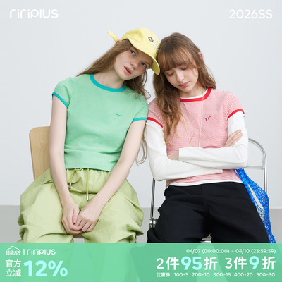 riverstone plus多巴胺色系撞色条纹刺绣短袖T恤女修身百搭打底衫
