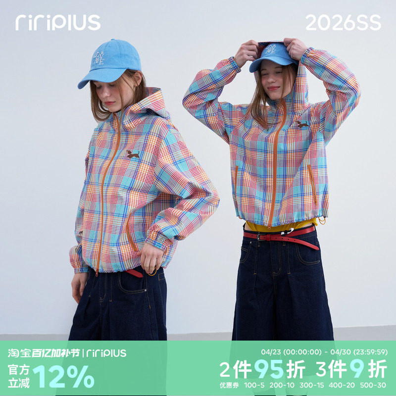 riverstone plus 格纹腊肠狗刺绣连帽防风衣女撞色休闲夹克外套