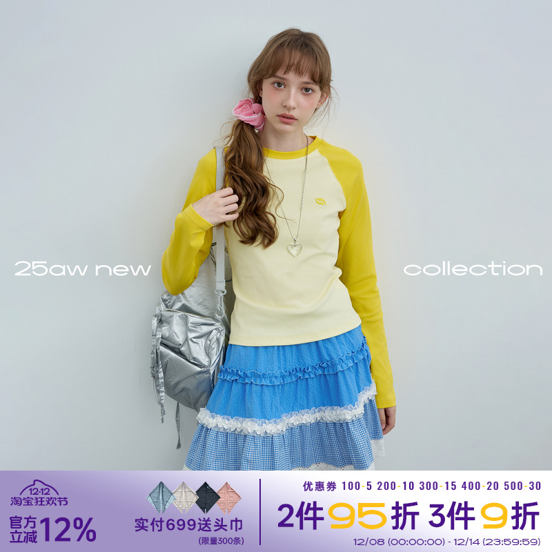 riverstone plus插肩袖撞色长袖T恤女正肩秋季圆领修身打底衫上衣